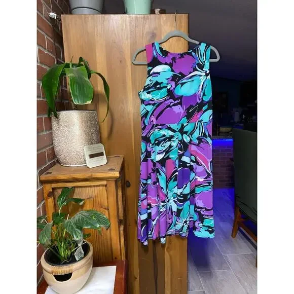 Perceptions Dress Size 14P Fit & Flare Midi Purple Teal & Black Floral Beaded - Picture 2 of 9